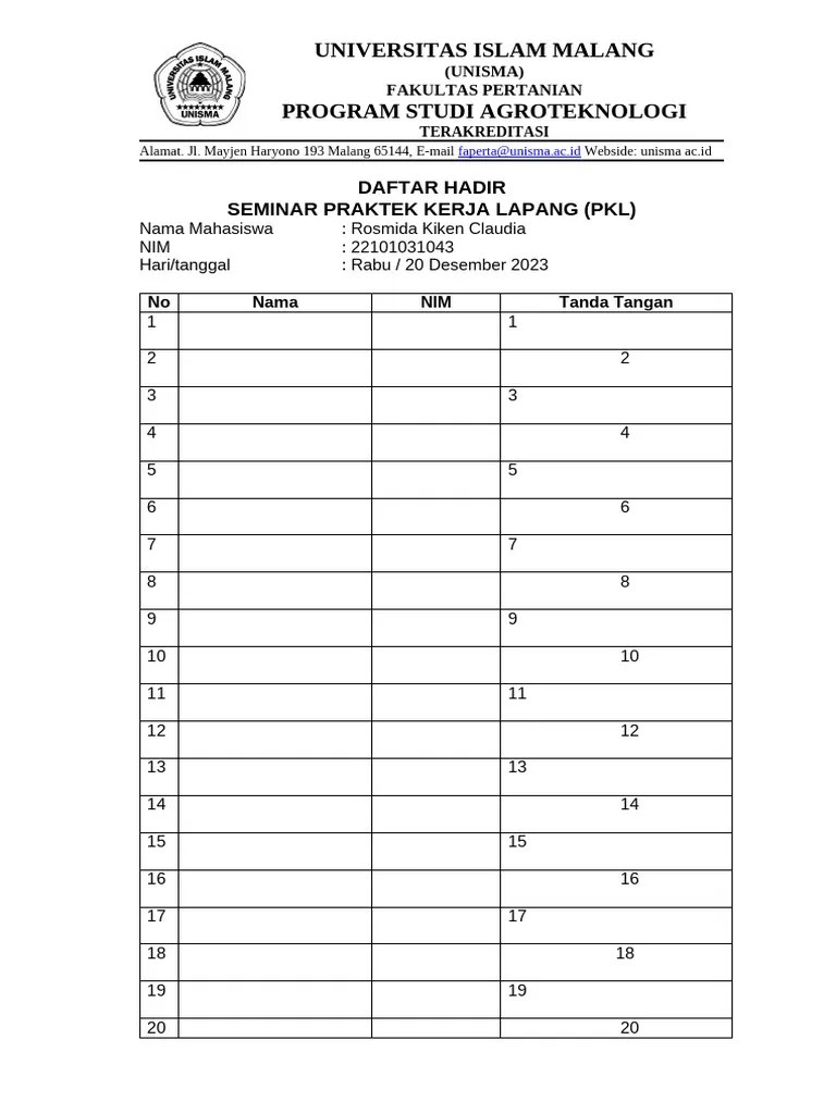 Daftar Hadir Seminar Pkl Pdf