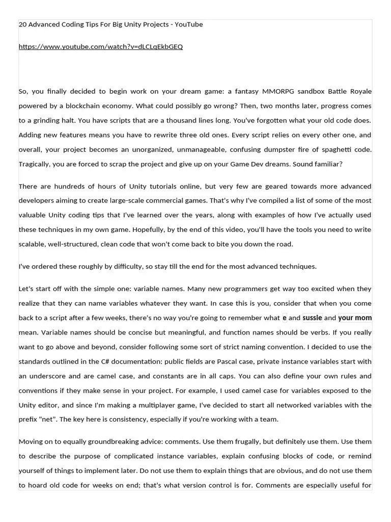 20 Advanced Coding Tips For Big Unity Projects | PDF | Class (Computer ...