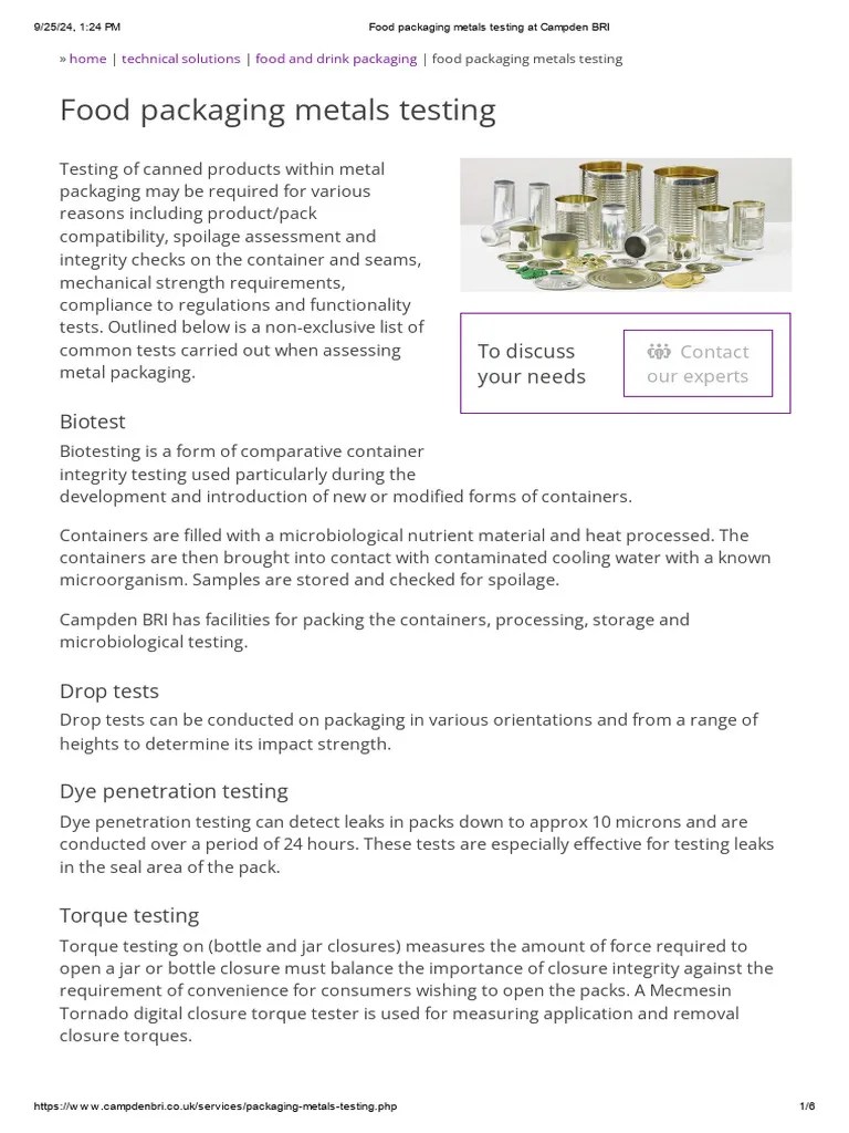Food Packaging Metals Testing At Campden BRI | PDF