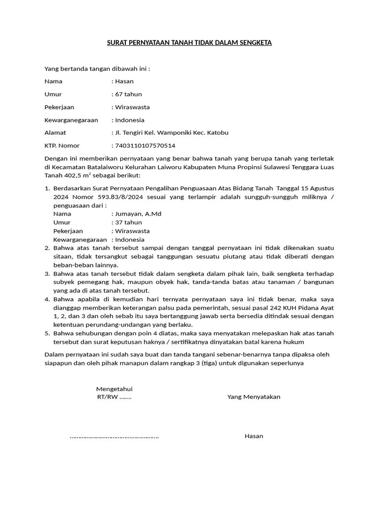 Surat Pernyataan Tanah Tidak Sengketa | PDF | Politik | Ilmu Sosial
