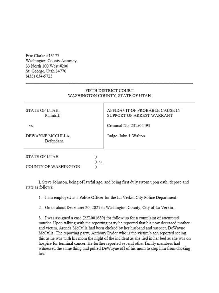 Affidavit Of Probable Cause In Of Arrest Warrant Of Dewayne Mcculla | PDF | Arrest Warrant | Law