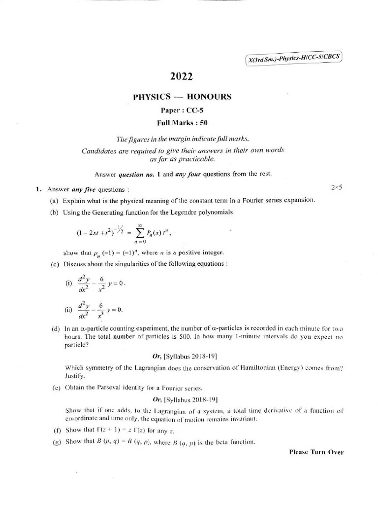 CU-2022 B.Sc. (Honours) Physics Semester-3 Paper-CC-5 QP | PDF ...