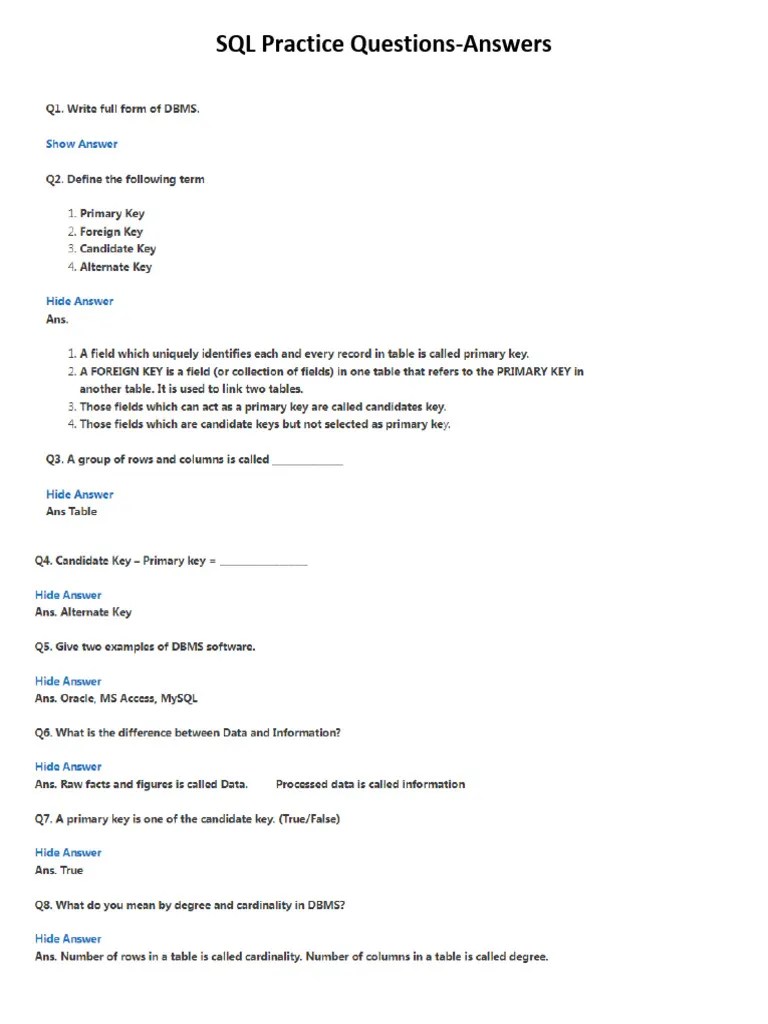 SQL Practice Questions-Answers | PDF