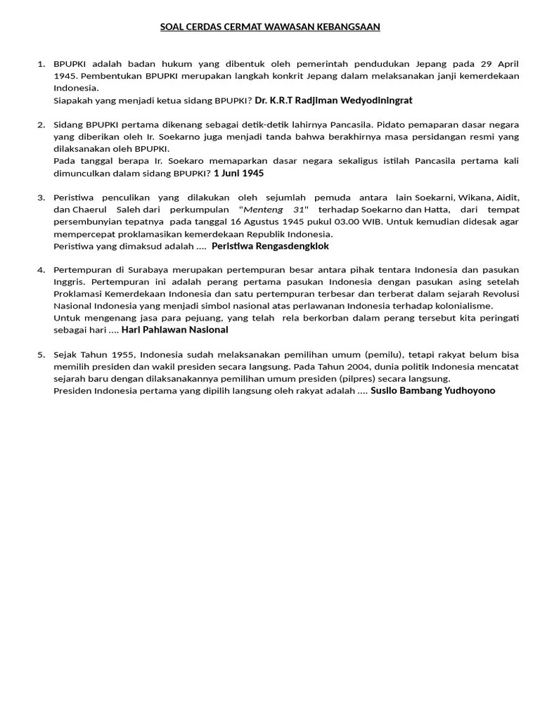 Soal Cerdas Cermat Wawasan Kebangsaan 1 | PDF