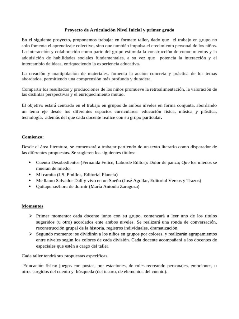 Proyecto De Articulación Nivel Inicial Y Primer Grado | PDF