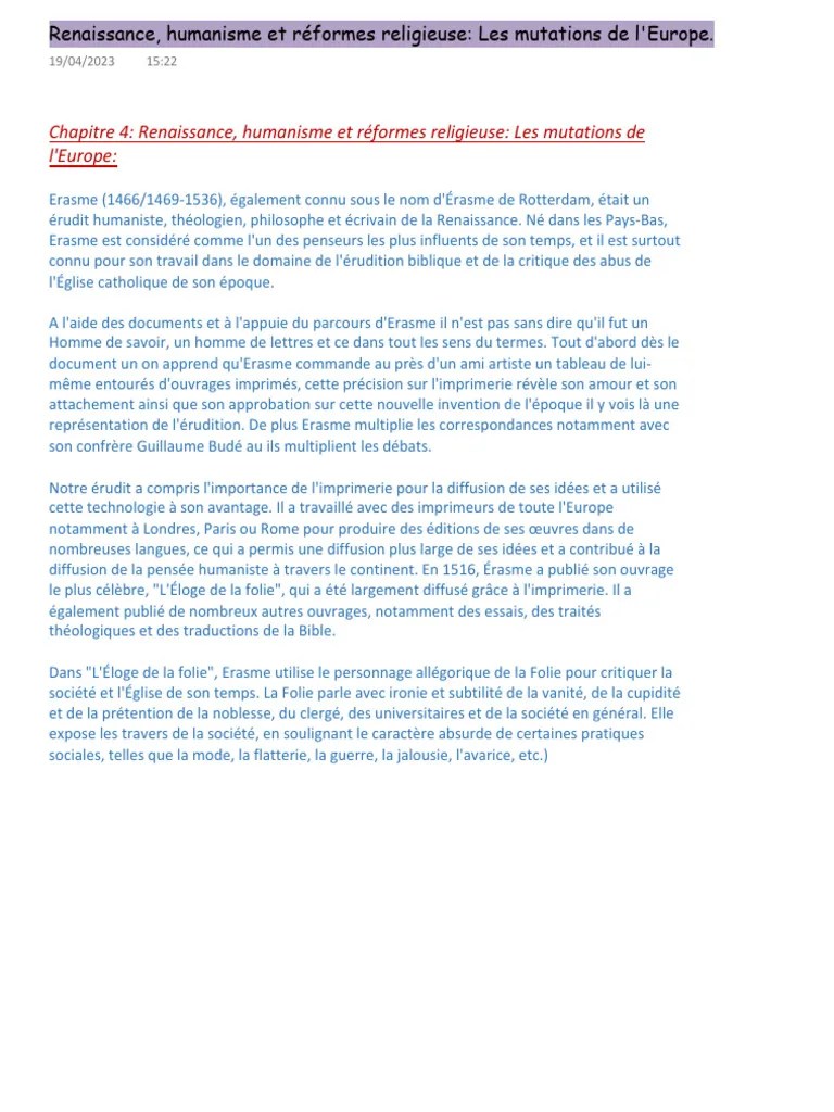 Renaissance, Humanisme Et Réformes Religieuse Les Mutations De L'europe ...
