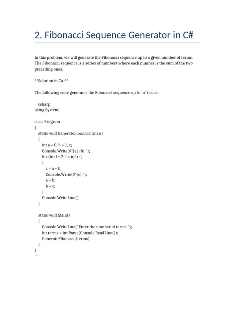 2 Fibonacci Sequence Generator In C# | PDF