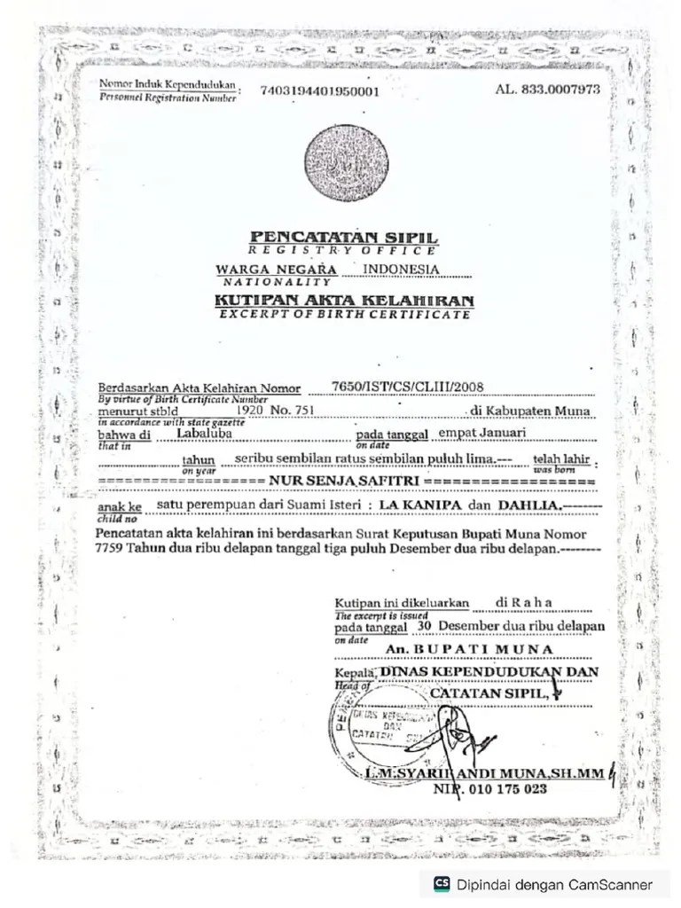 Akta Kelahiran Nursenja Safitri | PDF