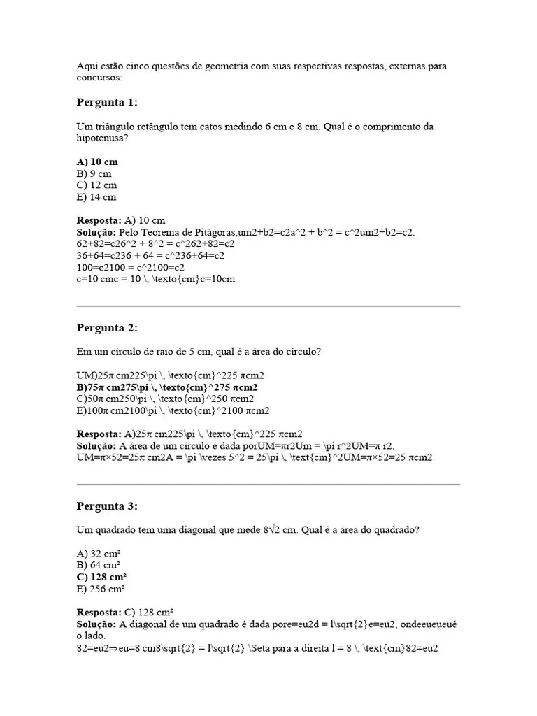Cinco Questoes De Geometria Para Concursos Com Respostas - Parte 01 | PDF