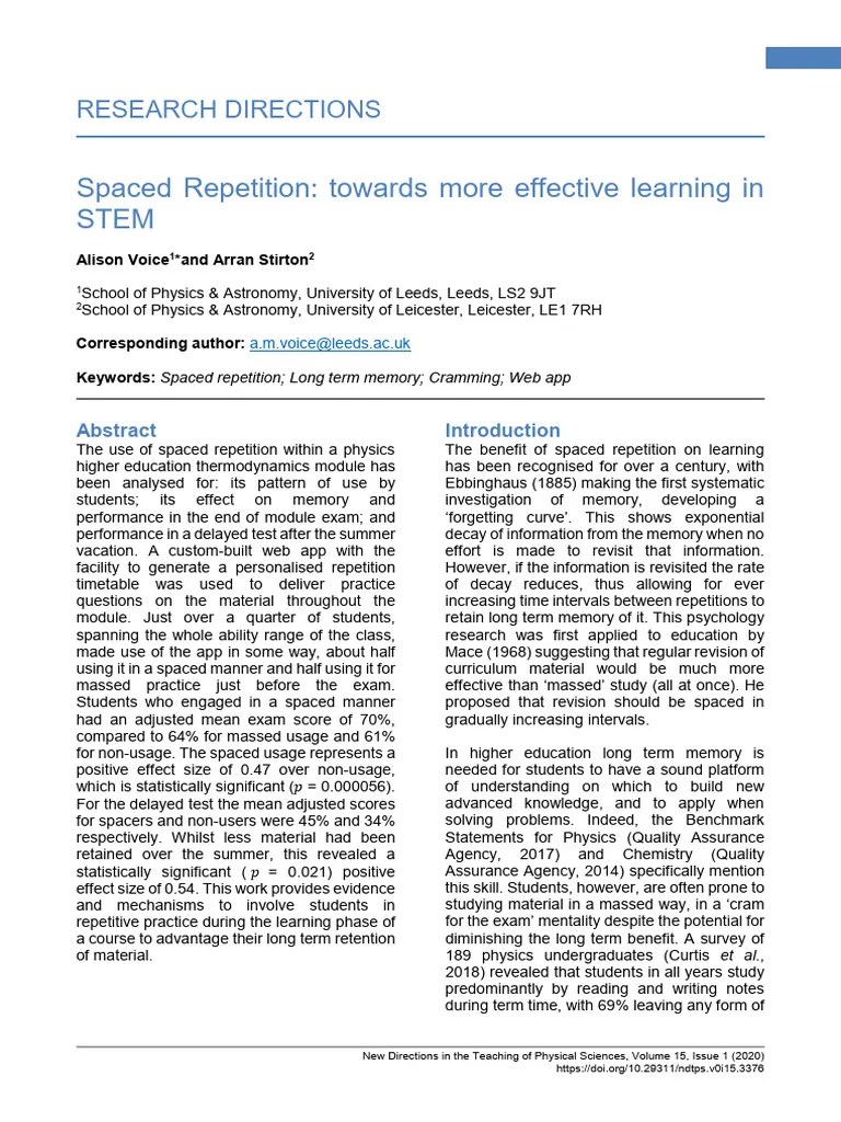 Spaced Repetition- Towards More Effective Learning In | PDF