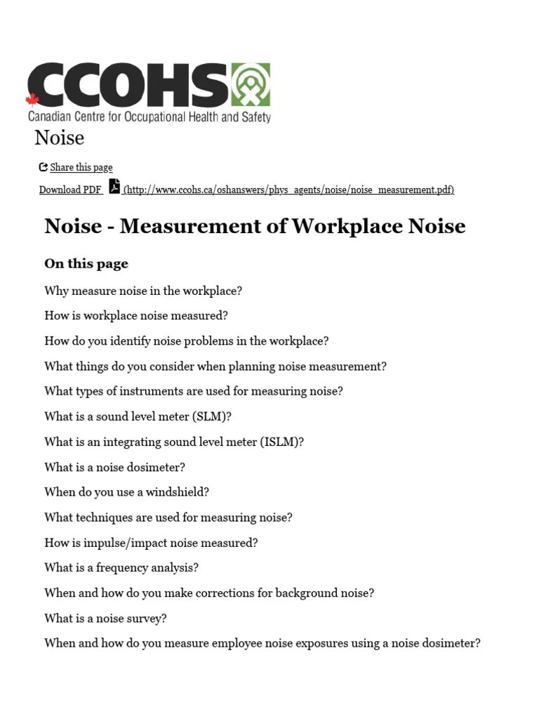 CCOHS_ Noise - Measurement Of Workplace Noise | PDF