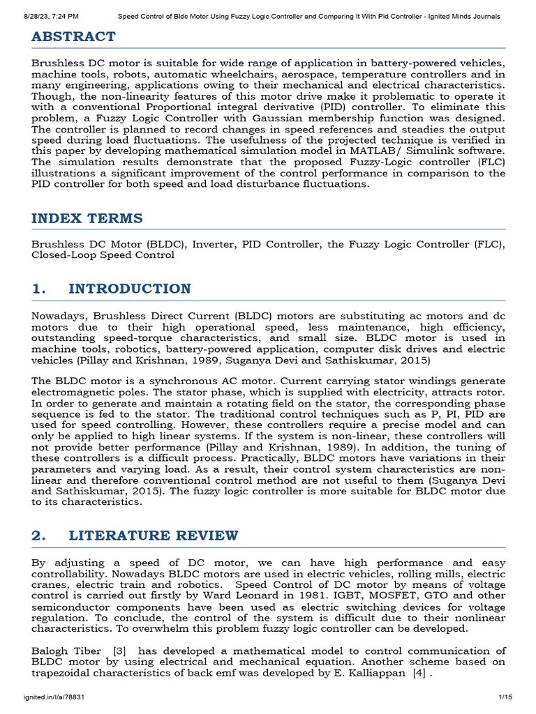 Speed Control Of BLDC Motor Using Fuzzy Logic Controller And Comparing ...