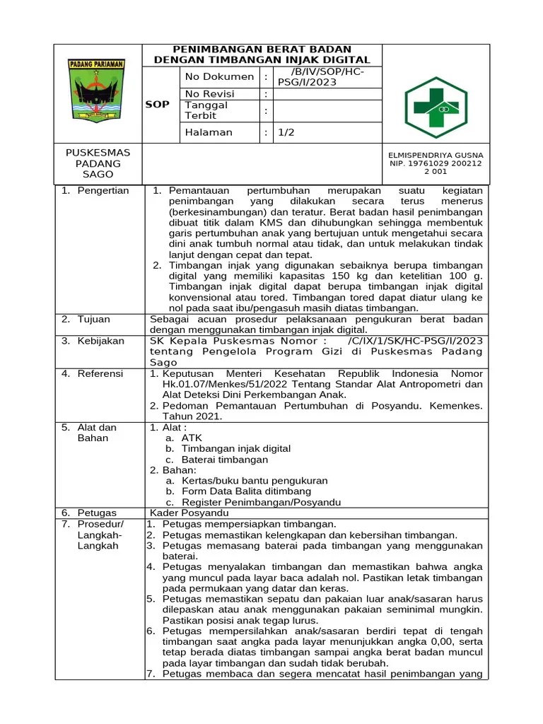 6. SOP PENIMBANGAN BB DENGAN TIMBANGAN INJAK DIGITAL | PDF