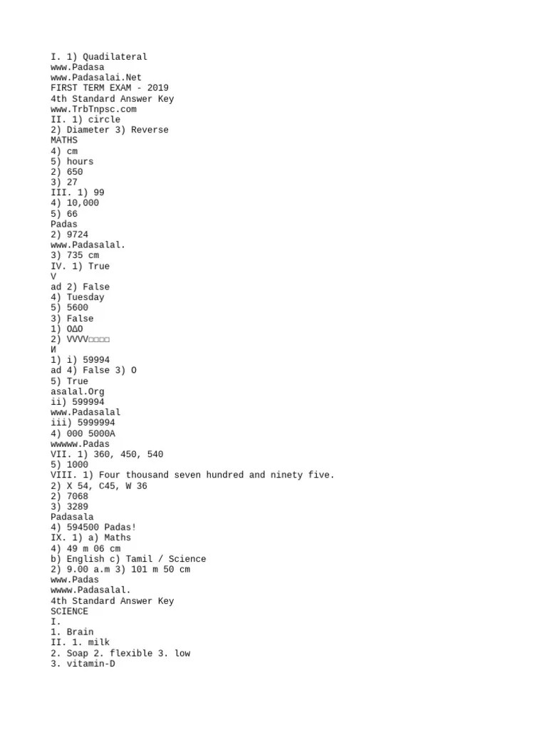 4th Maths EM Term 1 Exam 2019 SA Test Original Question Paper With ...