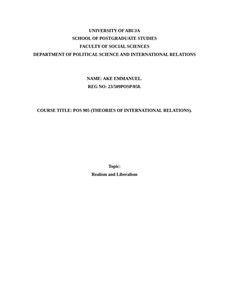 Realism And Liberalism | PDF | International Relations | Politics