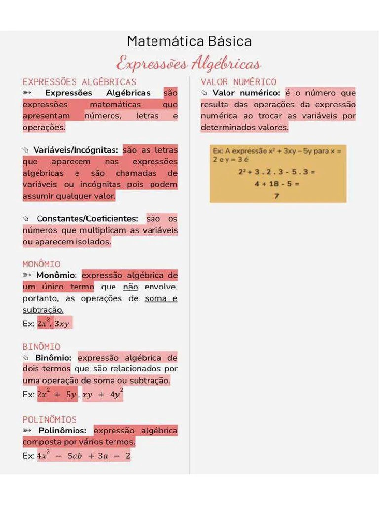 Resumo De Matemática - Expressões Algébricas - Matemática Básica | PDF