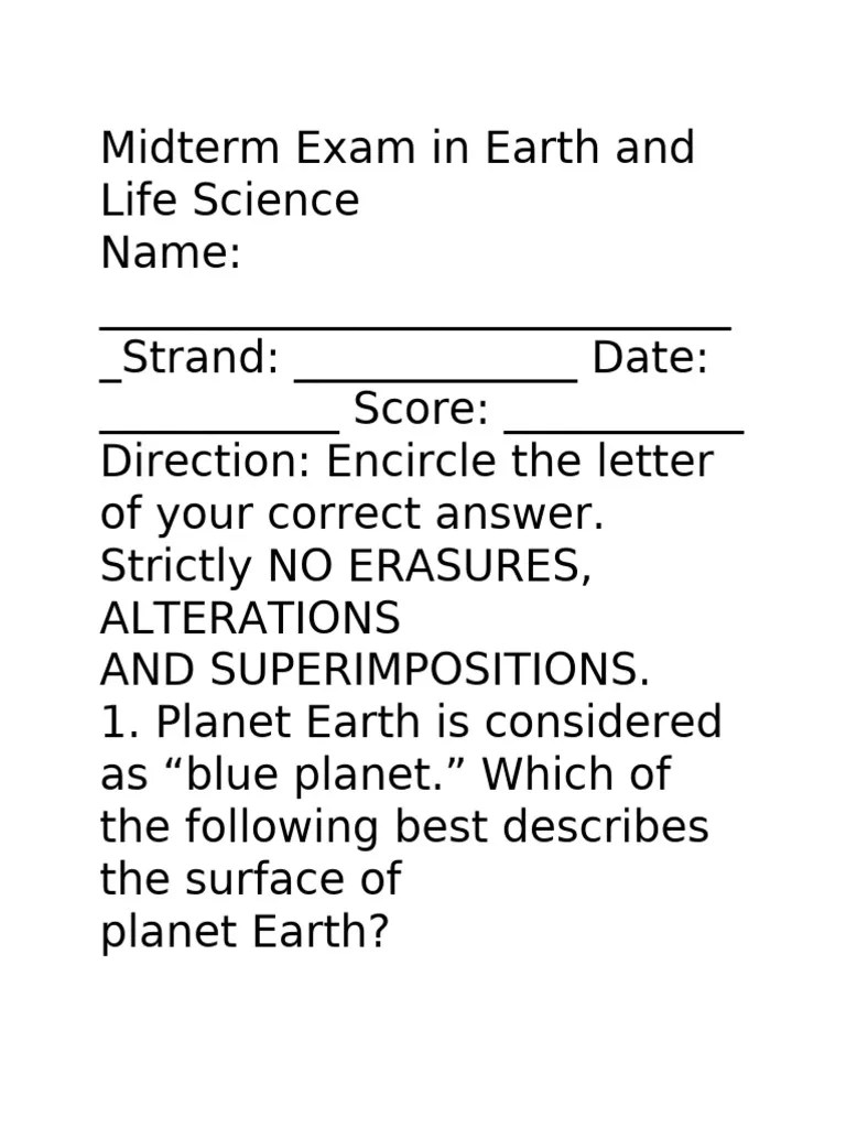 Midterm Exam In Earth And Life Science | PDF