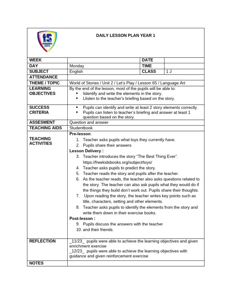 Daily Lesson Plan Year 1 | PDF