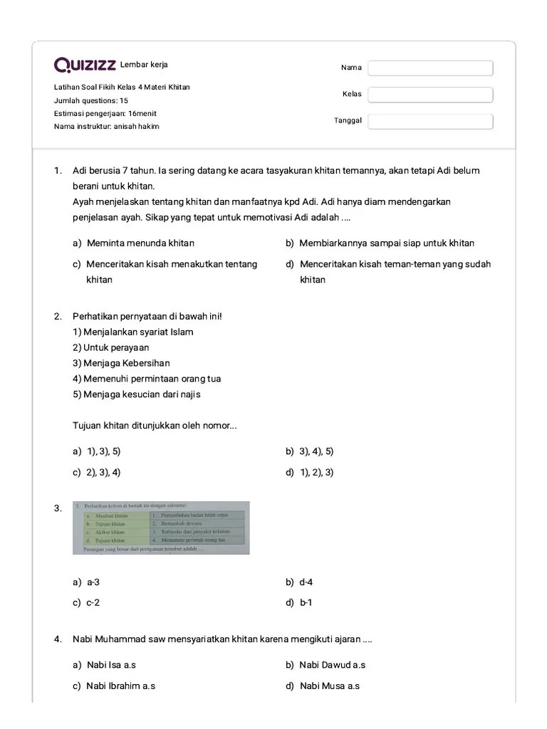 Latihan Soal Fikih Kelas 4 Materi Khitan - Quizizz | PDF