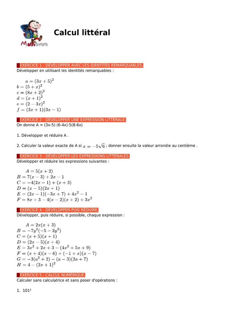 Calcul Litteral Exercices De Maths En 3eme Corriges En PDF | PDF