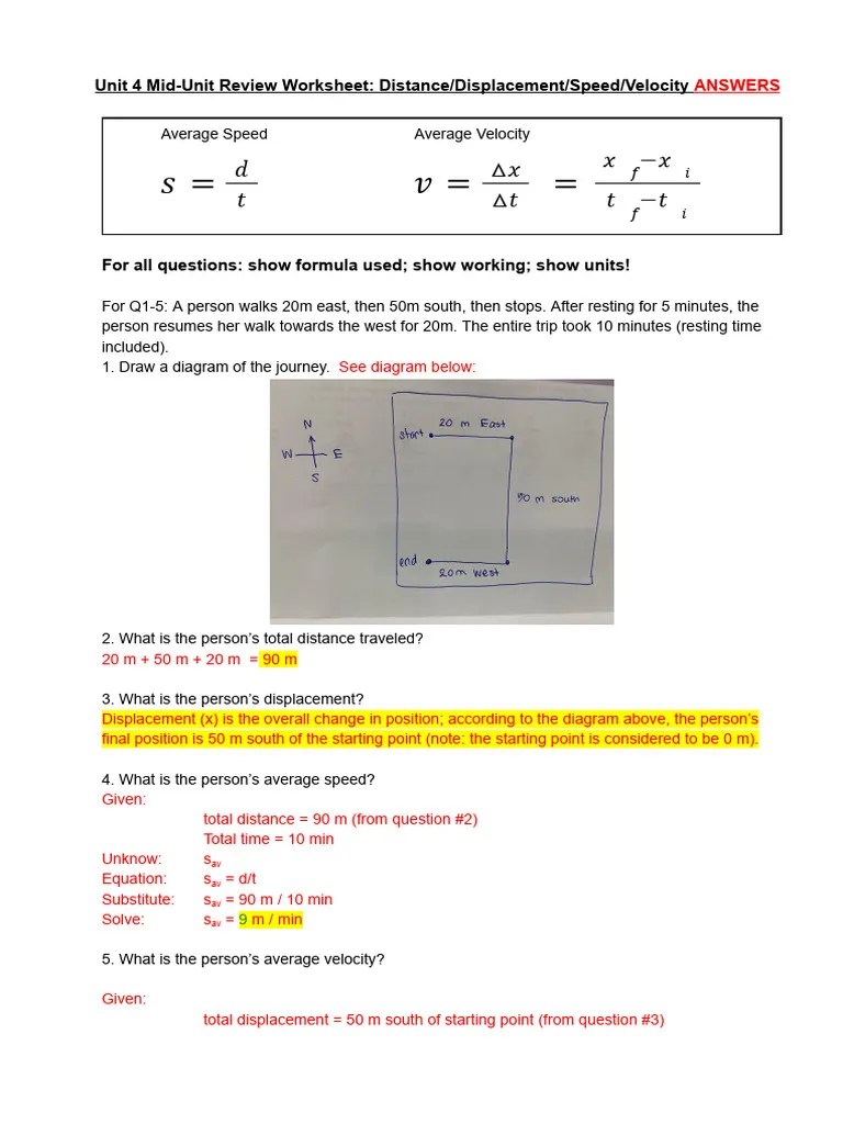 Unit 2 Review Worksheet_ Distance_Displacement_Speed_Velocity ANSWERS | PDF