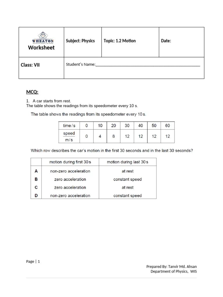 Worksheet - Subtopic Speed Velocity And Acceleration | PDF