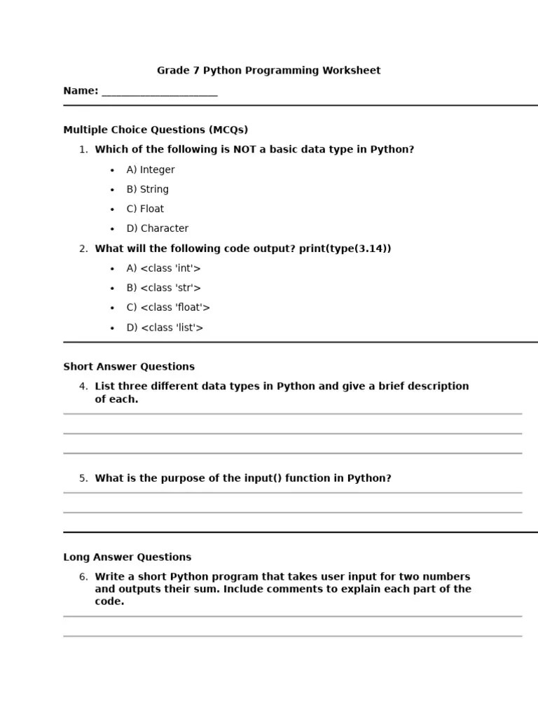 Grade 7 Python Programming Worksheet | PDF | Data Type | Computers