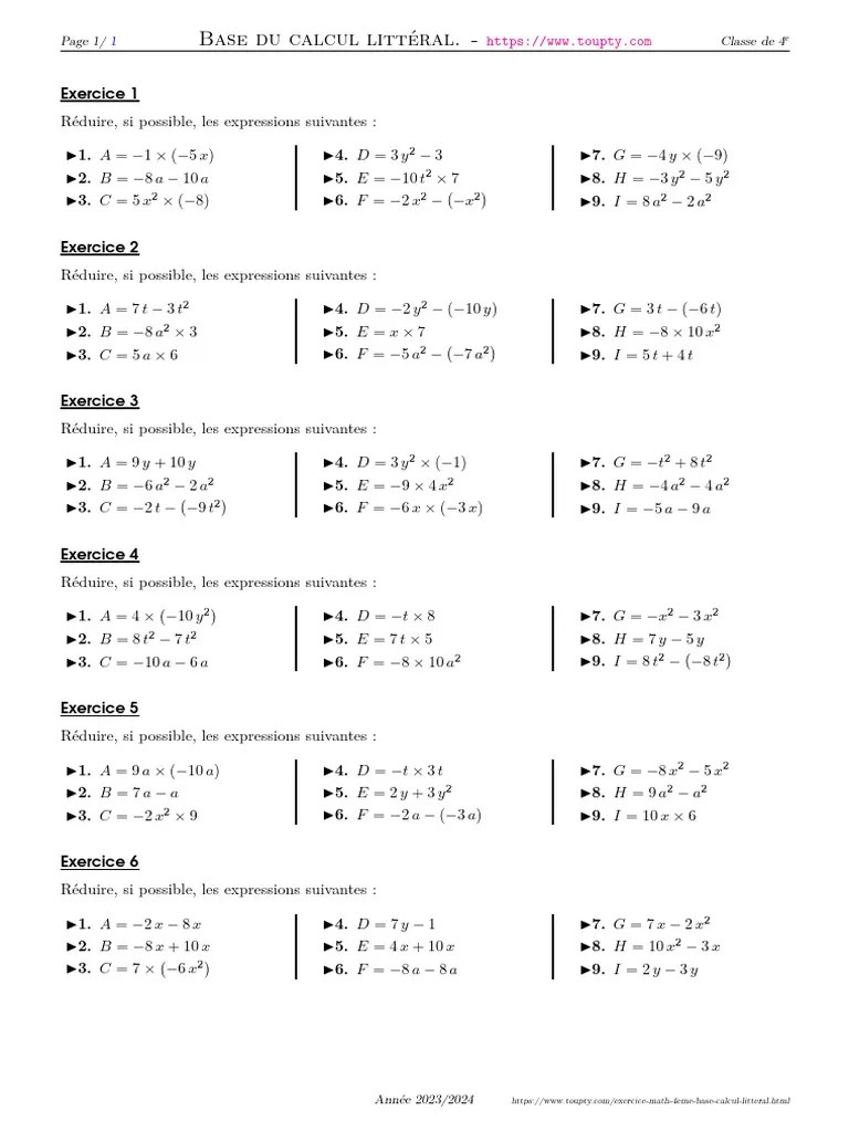 Exercice Base Calcul Litteral 4eme 10 | PDF