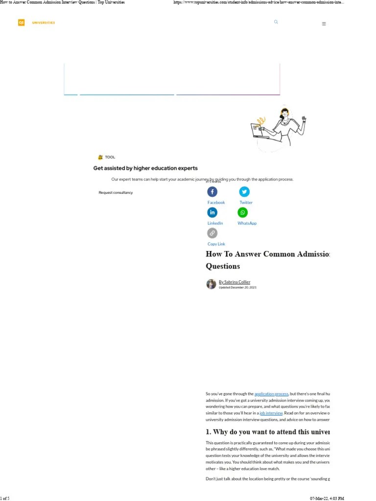 How To Answer Common Admission Interview Questions Top Universities | PDF
