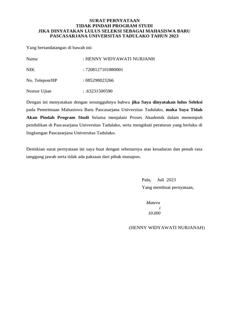 FORMAT SURAT PERNYATAAN TIDAK PINDAH PRODI | PDF
