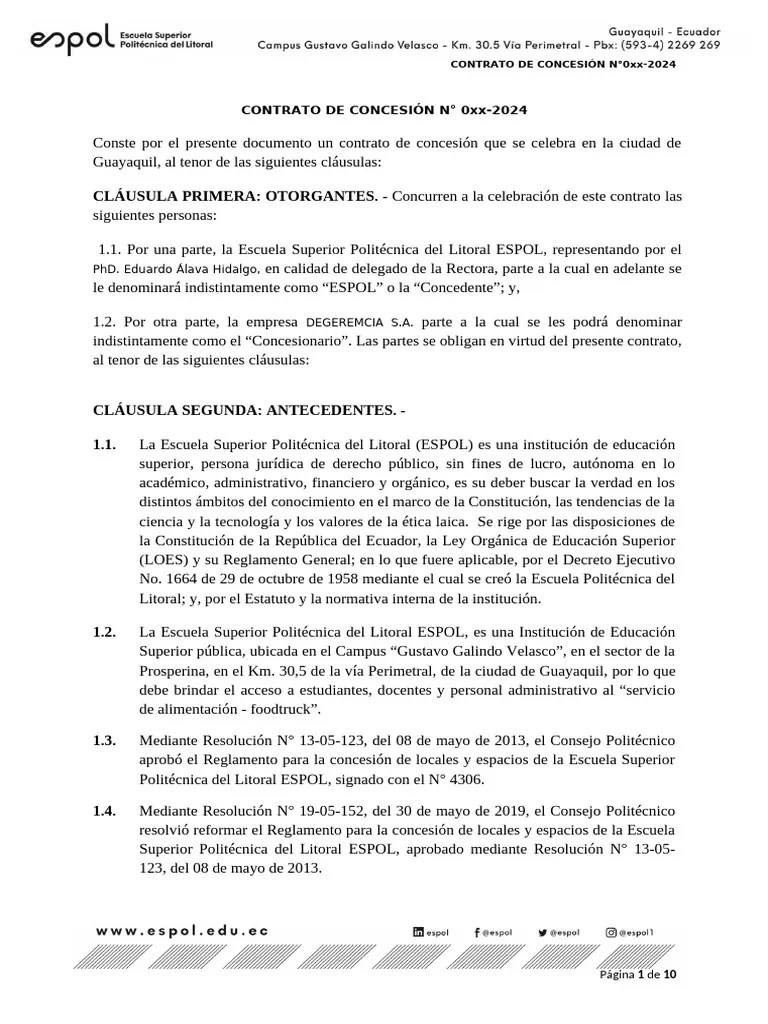 Contrato De Concesion Degeremcia Y Espol - Food Truck | PDF