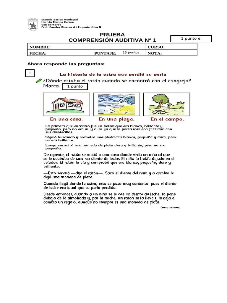 Prueba De Comprensión Lectora Primero Basico | PDF