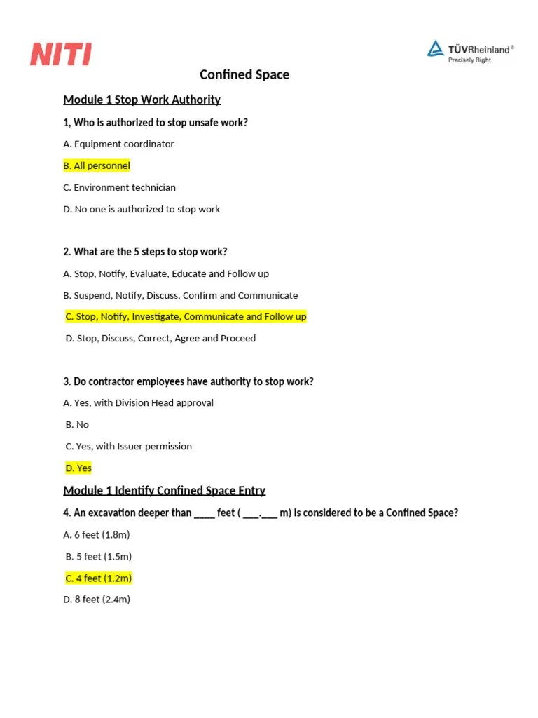 Confined Space Review Question Trainer | PDF