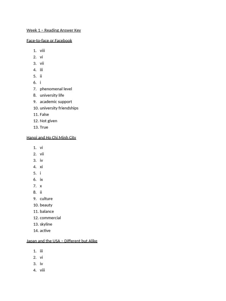 Week 1 - Answer Key Reading | PDF