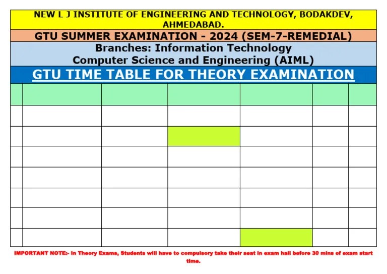 Gtu Time Table Summer 2024 Sem 7 (Remedial) | PDF