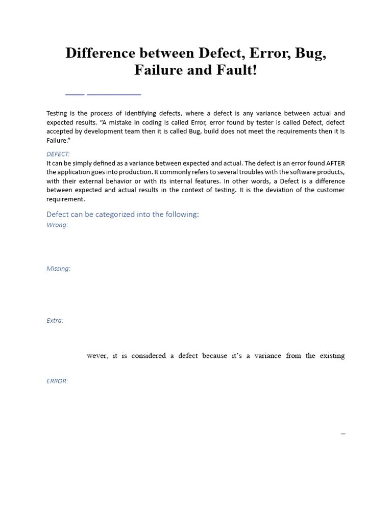 Difference Between Defect, Error, Bug, Failure And Fault | PDF