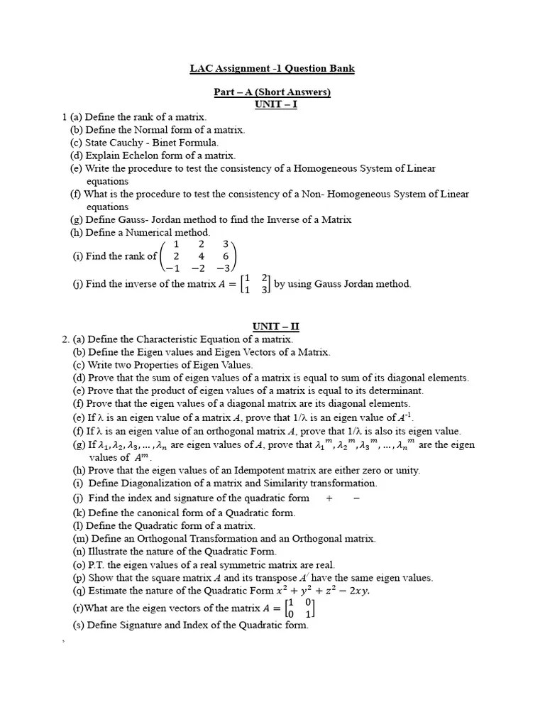 LAC Question Bank, 2024 | PDF | Eigenvalues And Eigenvectors | Matrix ...