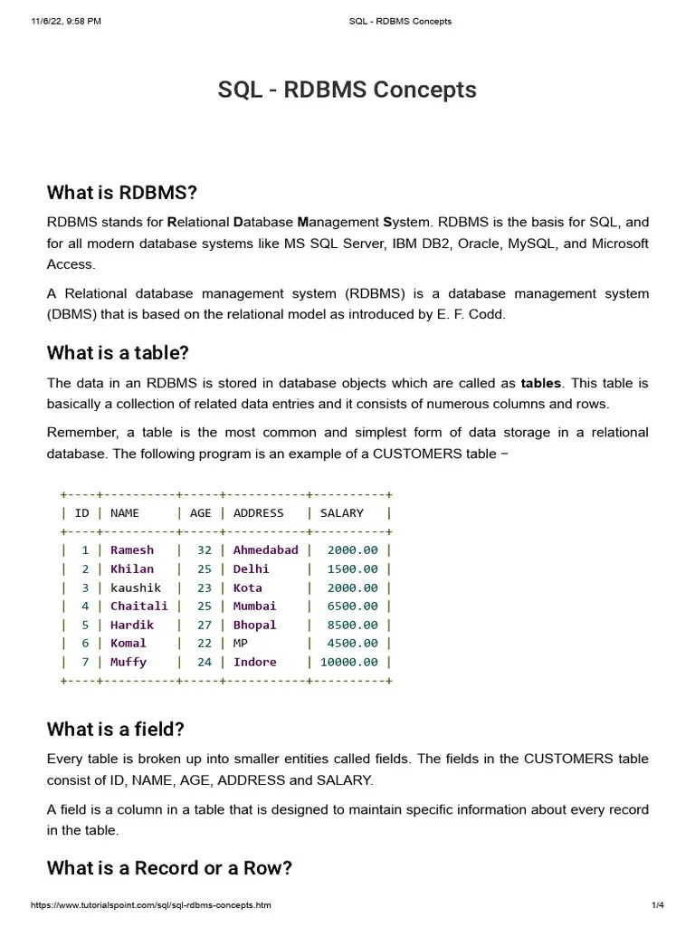 3 SQL - RDBMS Concepts | PDF | Relational Database | Databases