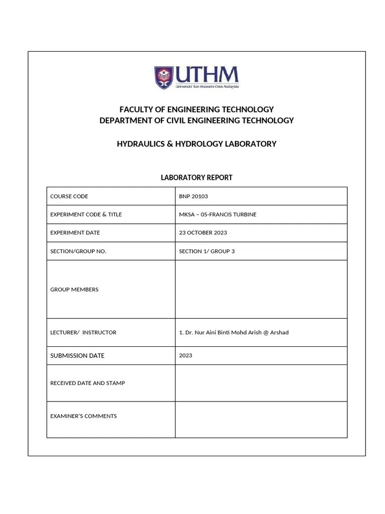 Labsheetallfrancisturbine 1 | PDF | Turbine | Mechanical Engineering
