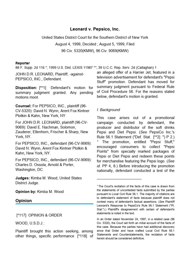 Leonard V. Pepsico - Inc. - 88 F. Supp. 2d 116 | PDF | Lawsuit | Summary Judgment