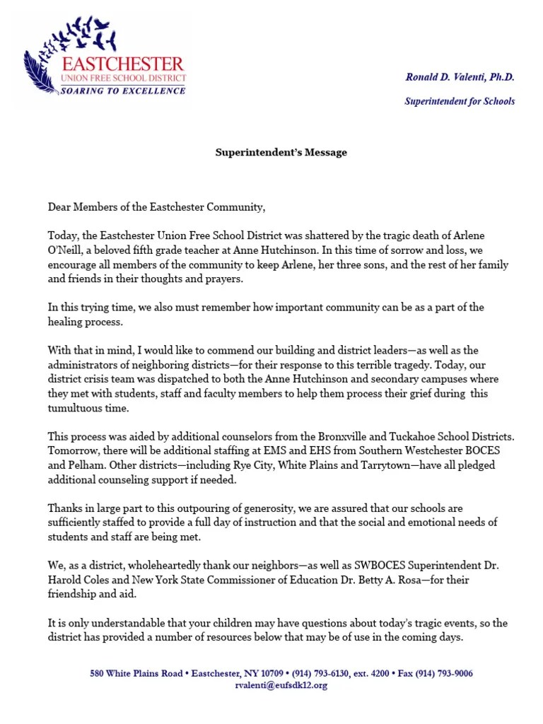 Superintendents Message To Members Of The Eastchester Community | PDF | Human Development ...