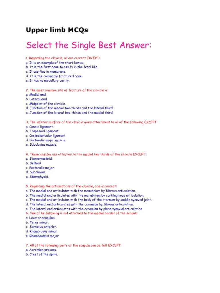 Upper Limb MCQs | PDF | Arm | Human Anatomy