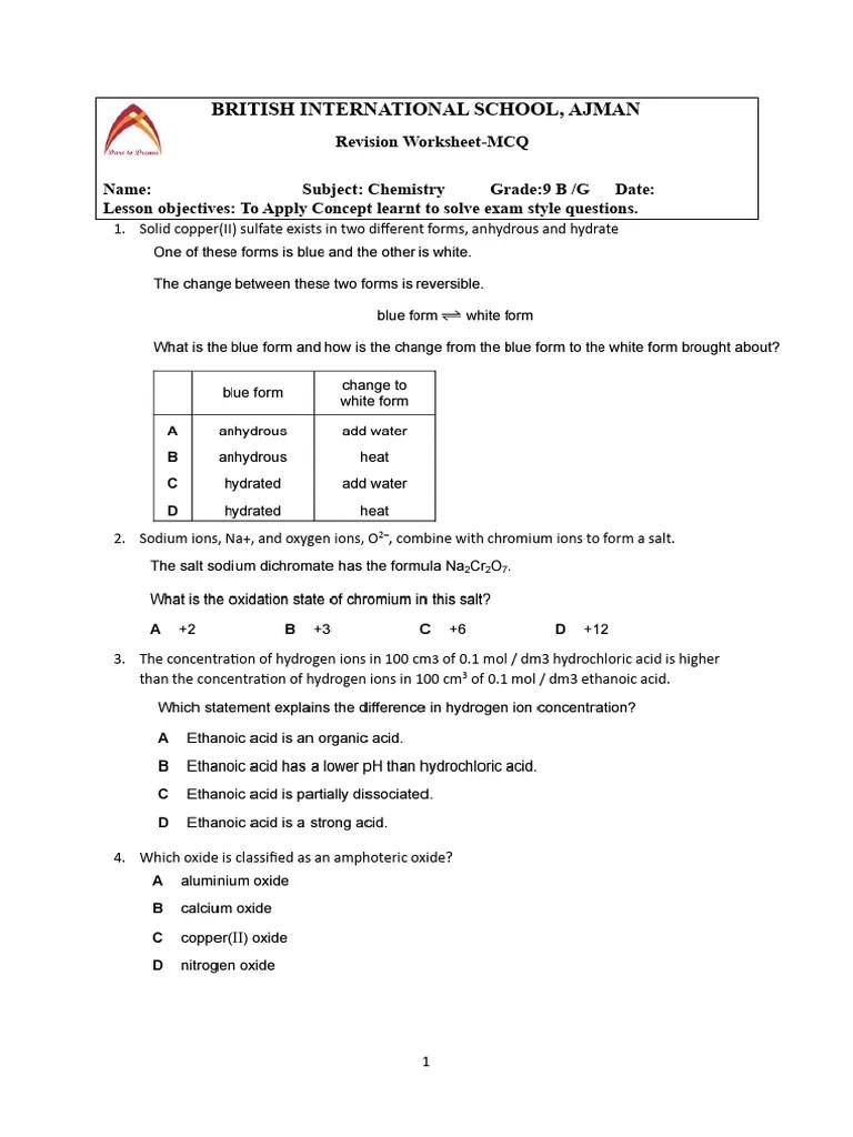 CHEM Revision Worksheet MCQ G9-Term 3 | PDF | Chemical Reactions | Acid