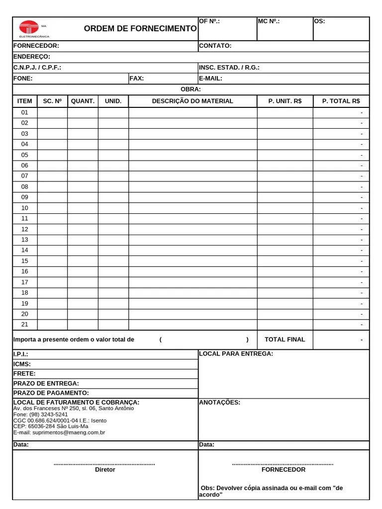 FM 022 - Ordem De Fornecimento - Rev 02 | PDF