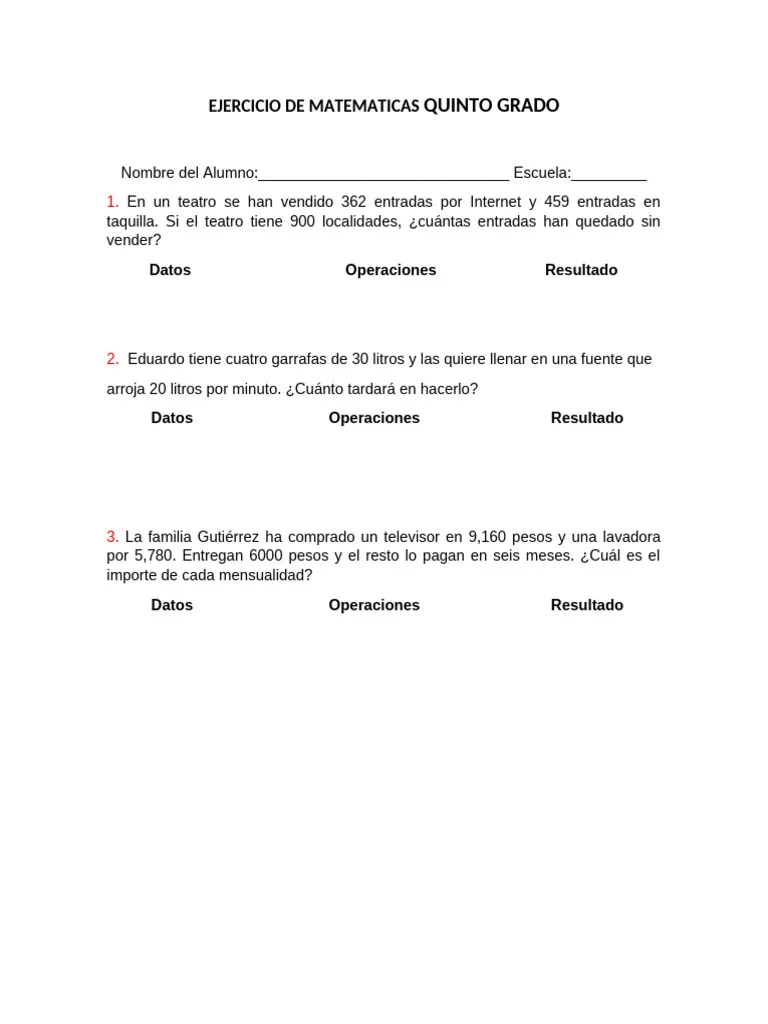 Ejercicio 1 Octubre Matematicas Quinto Grado | PDF | Juegos Y ...