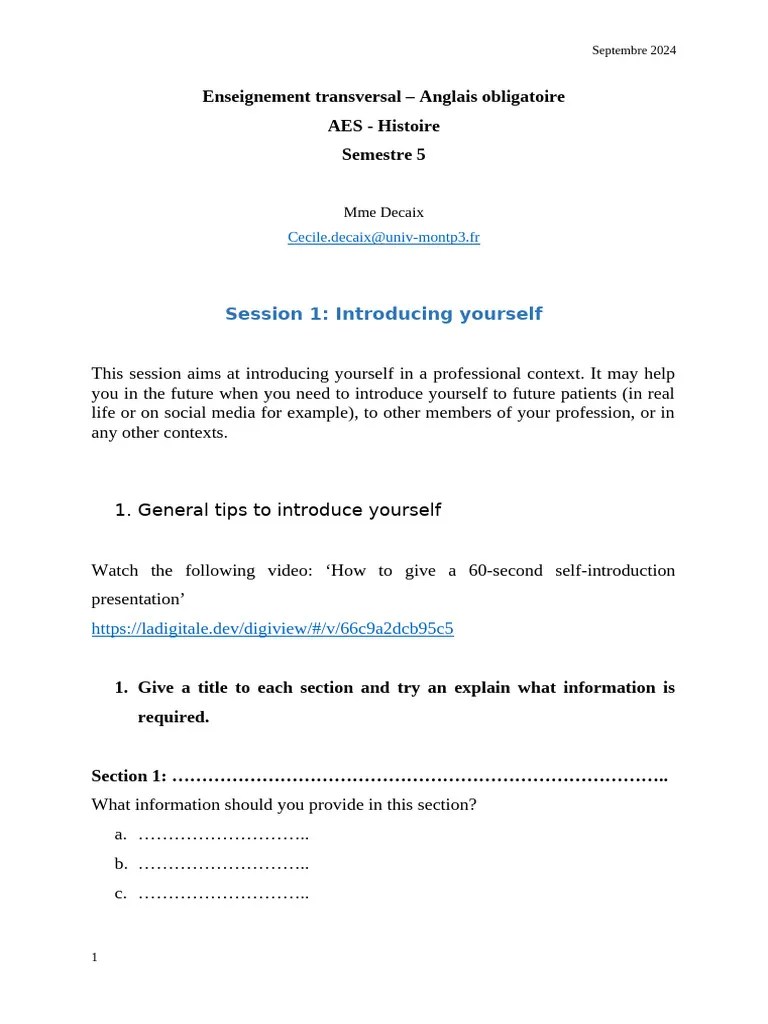 AES - Session 1 - Self Introduction - Etudiant Copie | PDF | Behavior Modification