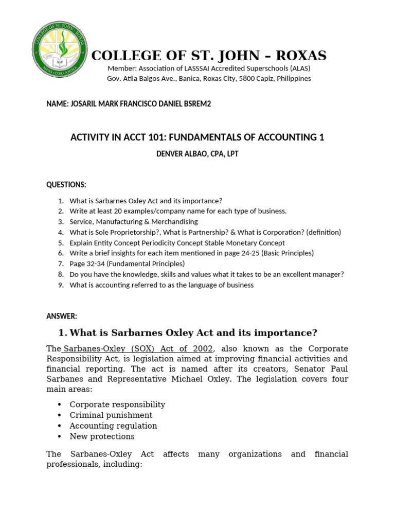 ACTIVITY IN ACCT 101 FUNDAMENTALS OF ACCOUNTING 1 | PDF | Partnership | Legal Liability