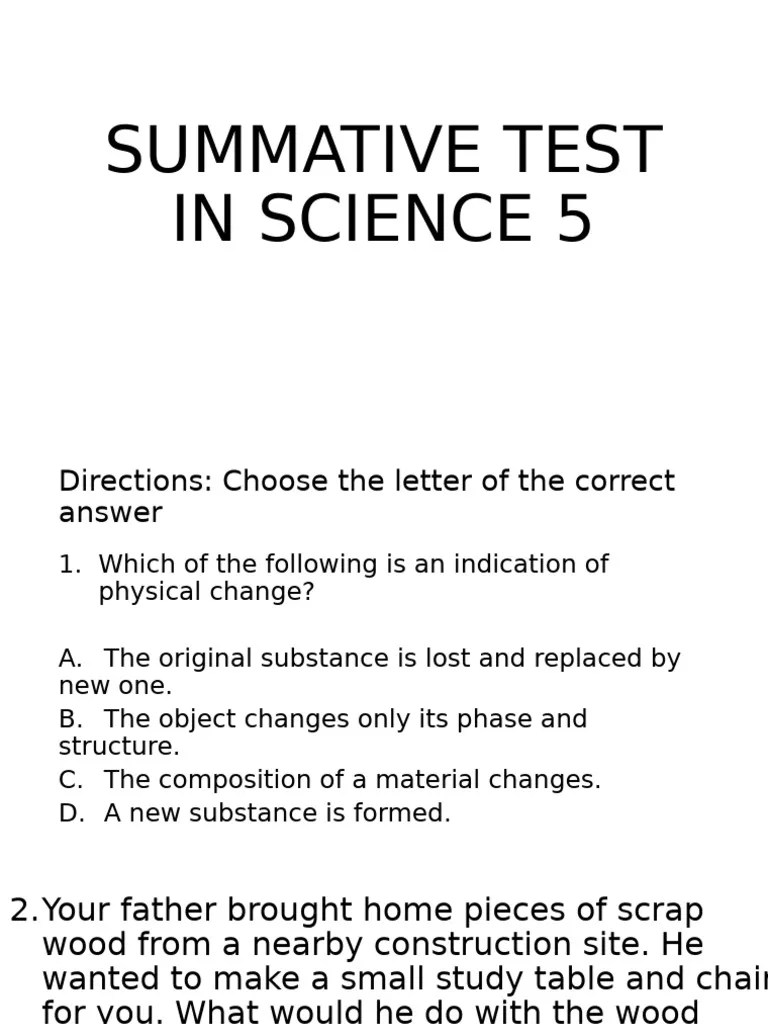 Summative Test In Science 5 Pdf Chemical Substances Water