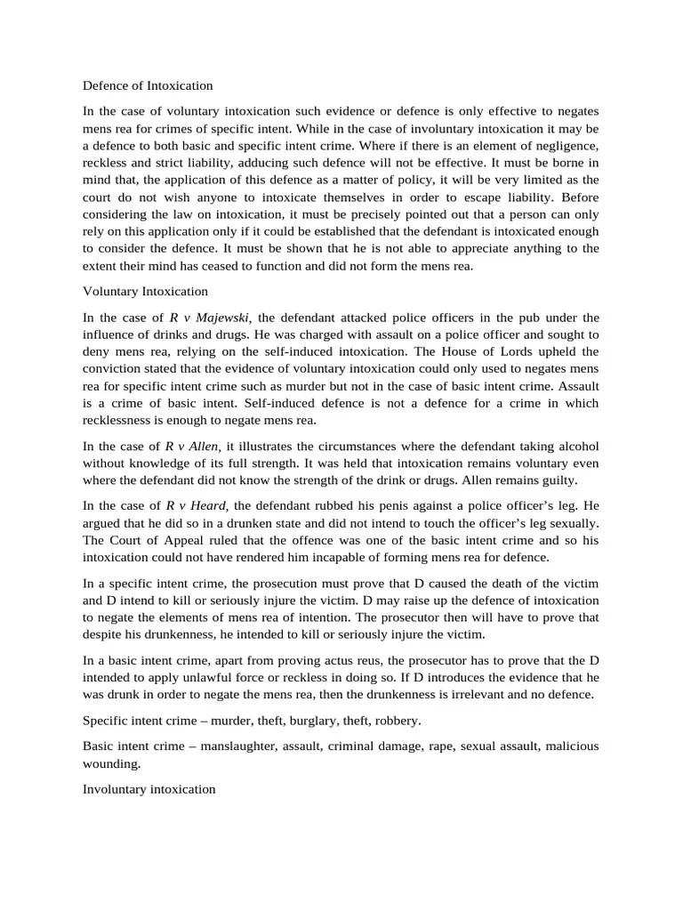 Defence Of Intoxication Pdf Mens Rea Intention Criminal Law