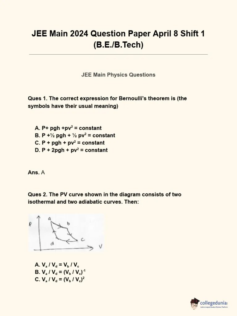 JEE Main 2024 Question Paper April 8 Shift 1 | PDF | Materials Science | Quantity
